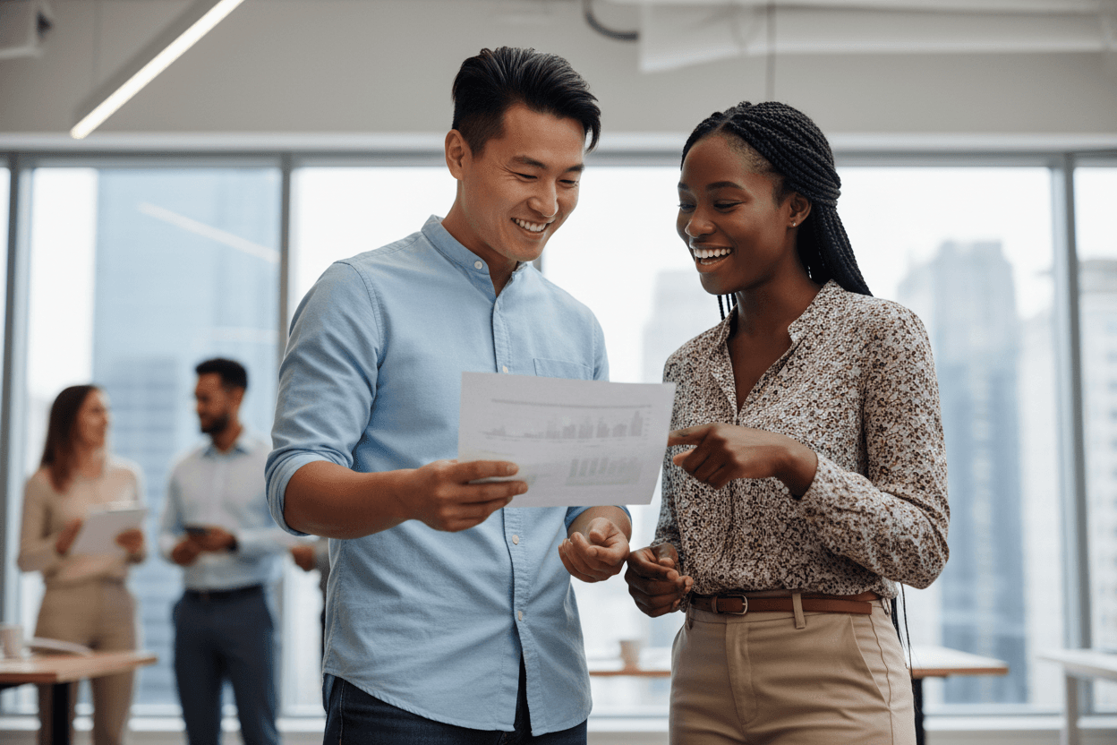 Deux consultants PartenaiRH analysant un document ensemble dans un open space